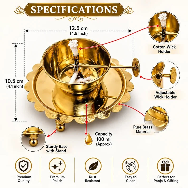 Golden Brass Akhand Diya Oil Lamp With Rotating Wick