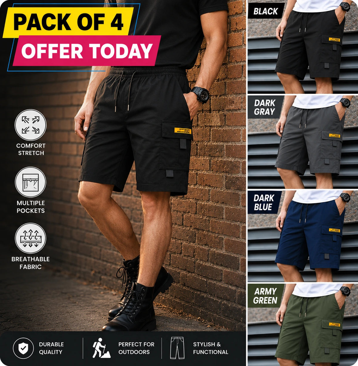 Pack of 4 Offer 😍 Men’s Premium Quality Stretch Capri Shorts | Black, Grey, Dark Blue & Green Color