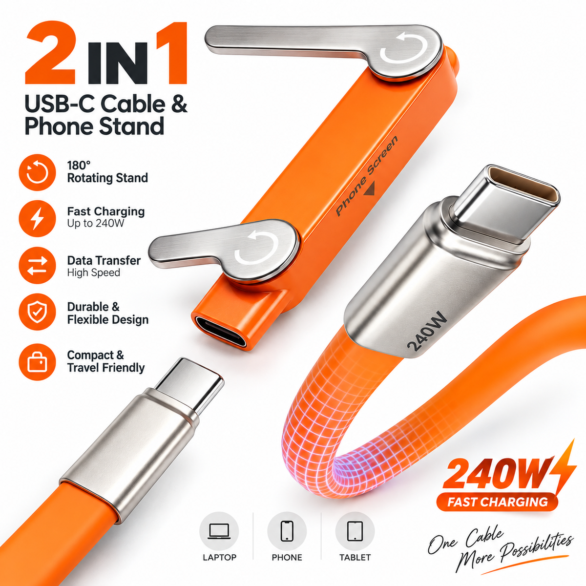 Fast-Charging Cable with Detatchable Stand